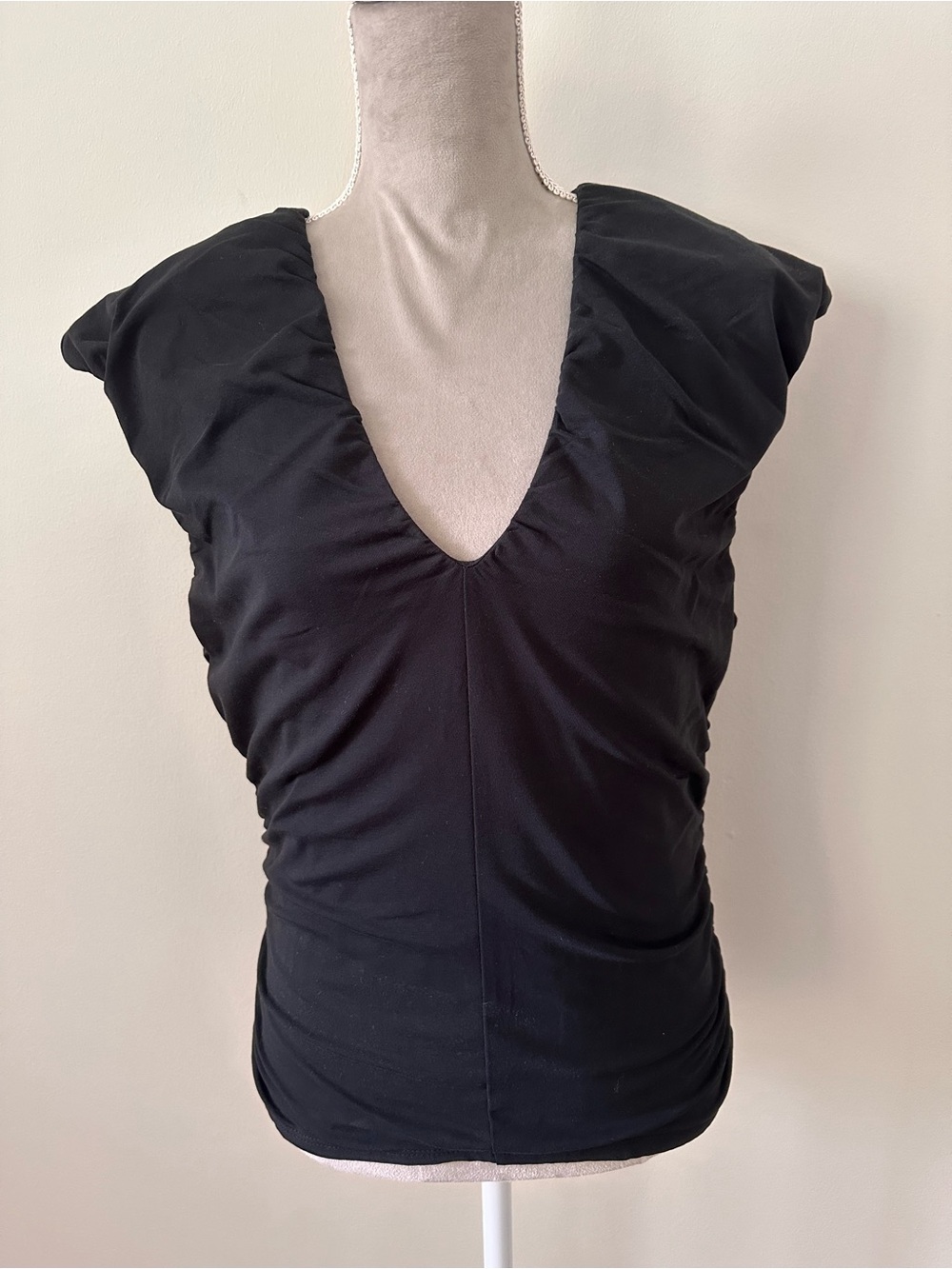 J. Crew Black V-Neck Ruched Cap-Sleeve Top